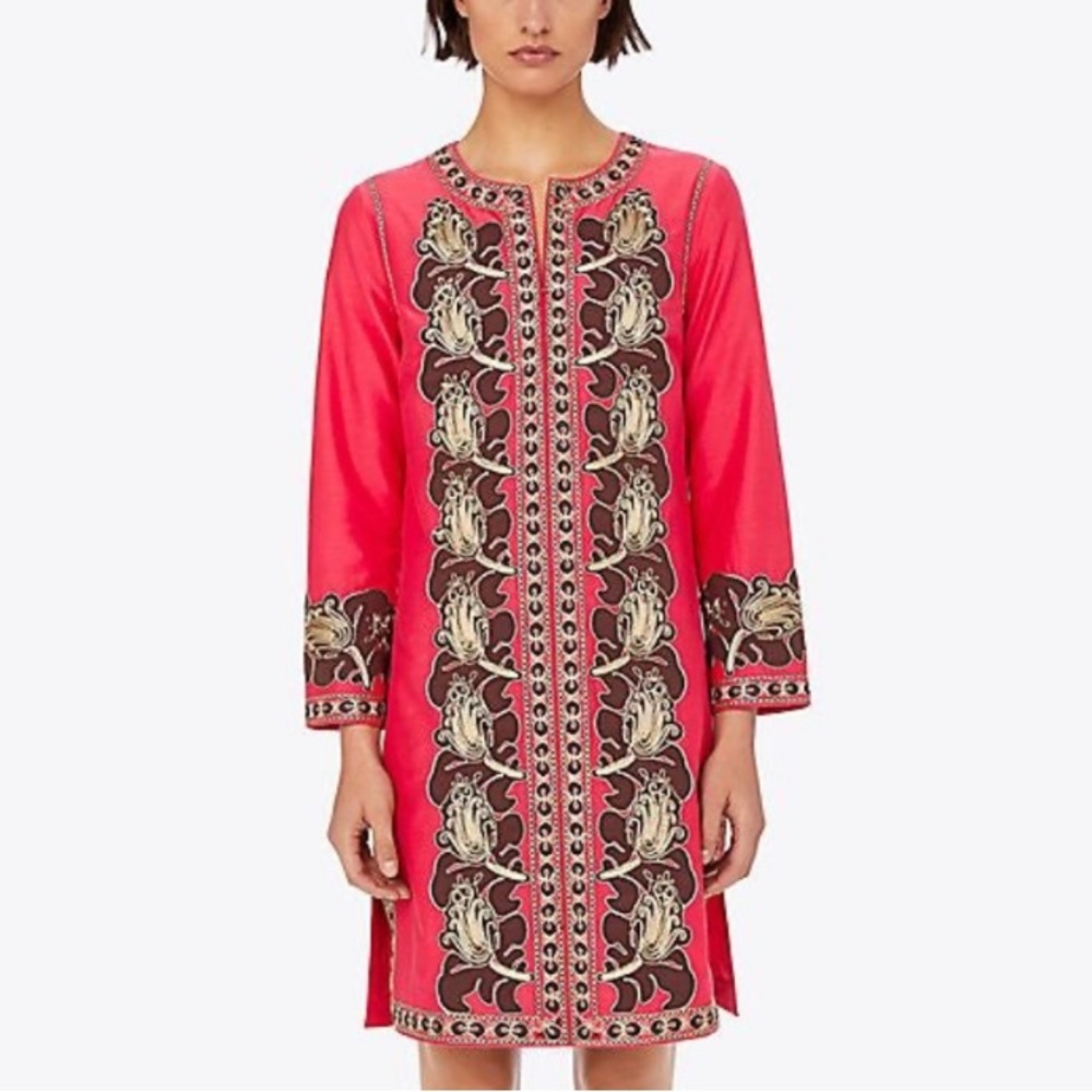 Tory Burch Gold Metallic Embroidered Tunic Dress Caftan in Vibrant Pink Sz 6